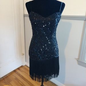 Vintage 1980s Michele Vincent Inc. black sequin fringe mini holiday party dress